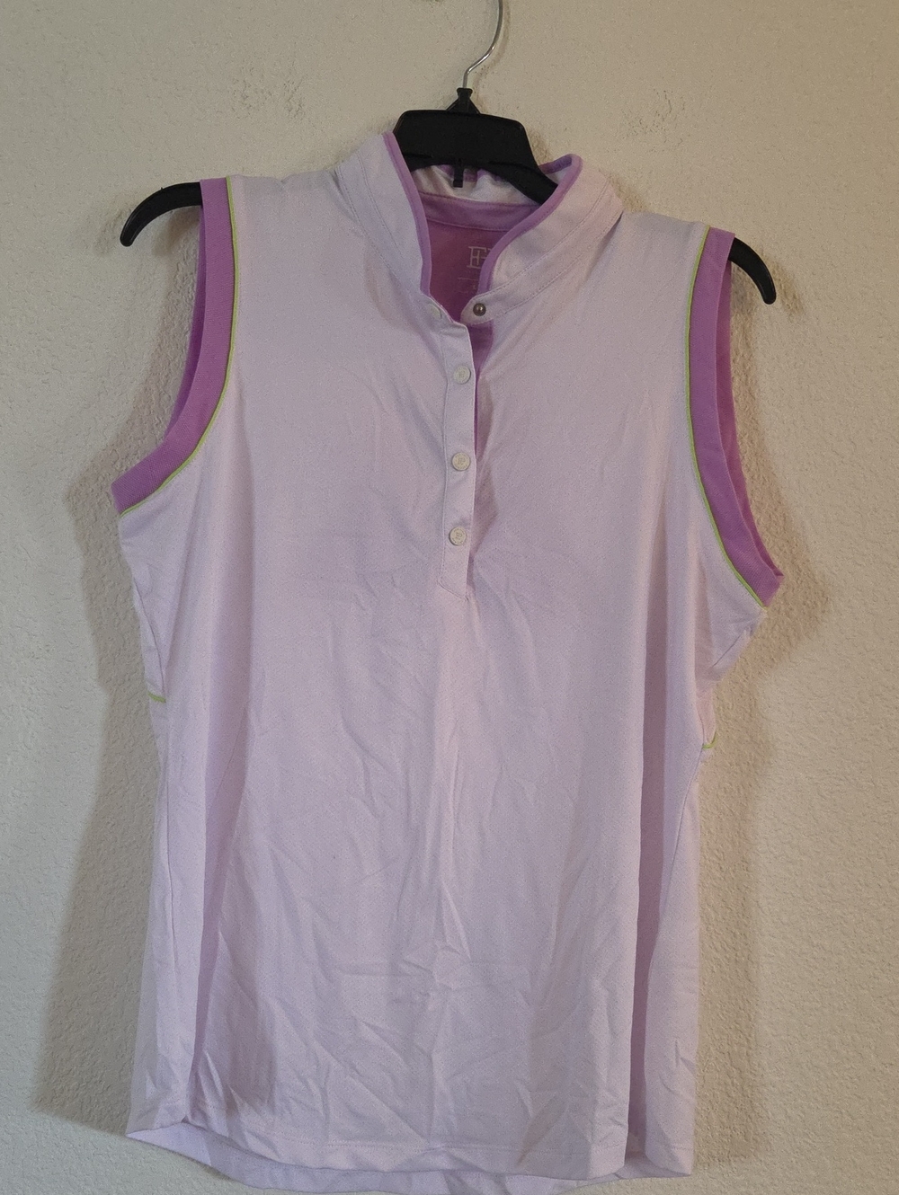 Sleeveless White Polo Tank with Purple and Green Trim